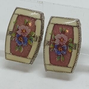 * vintage tiny enamel cloisonne flowers clip on earrings